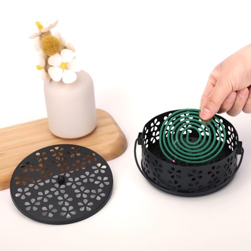Mosquito Coil Holder with Lid, Black Metal Incense Holder for Indoor & Outdoor Use
