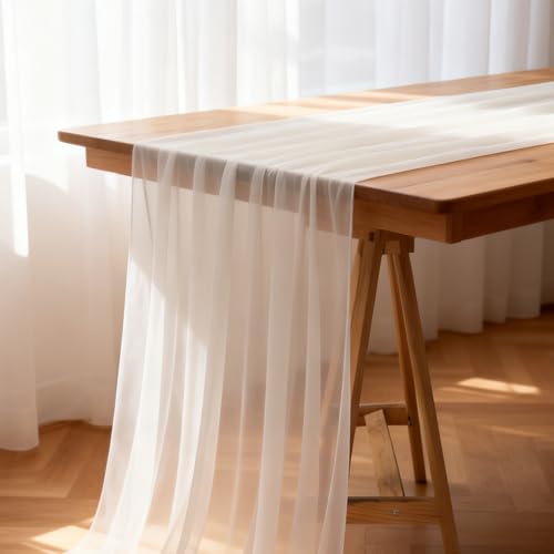 White Chiffon Table Runner 30x120 Inch - 2PCS Sheer Tulle Wedding Decor - Variation: White