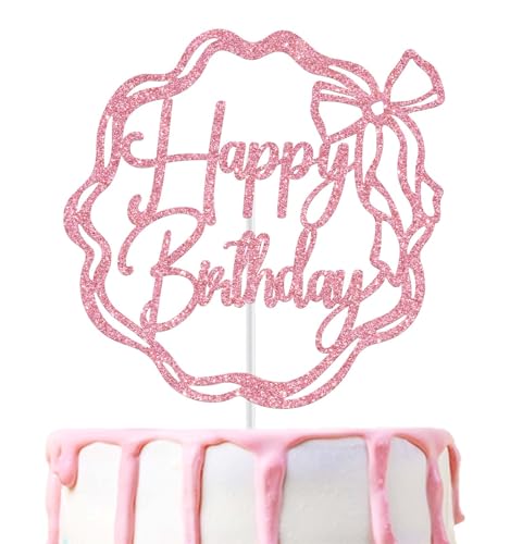 Pink Bow Happy Birthday Cake Topper - Glittery Decoration
