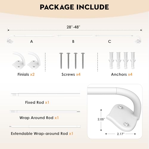 Adjustable Wrap Around Curtain Rod, 28-48 Inch, White Blackout Design