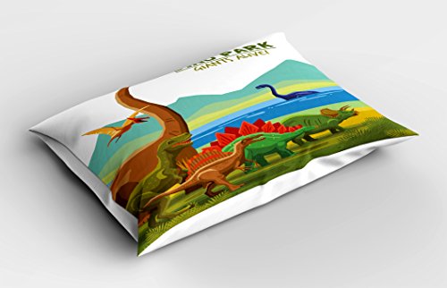 Ambesonne Dinosaur Pillow Sham 26x20-Inch Green Yellow Flying Land & Water Dinosaurs