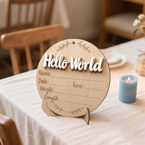 Hello World Baby Announcement Sign - 5.9" White Wooden Keepsake Set