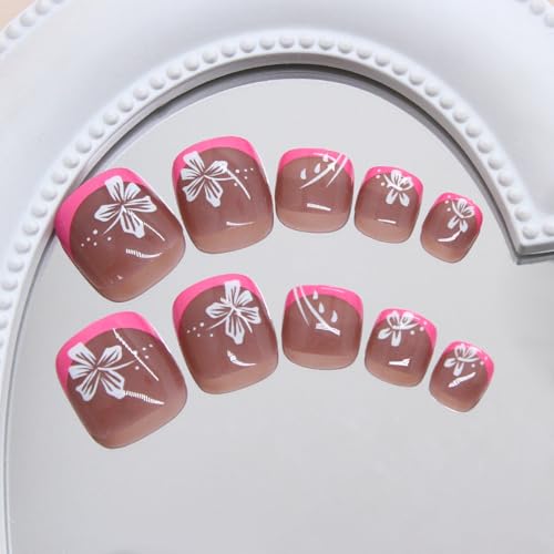 KAICCOSO Red Floral Short Square Press on Toenails, 24Pcs Cute Summer Stick-On Toe Nails with Glue