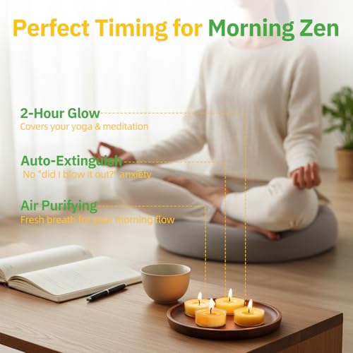 MAKALONE 12-Pack Pure Beeswax Tea Light Candles, 2-Hour Smokeless Burn