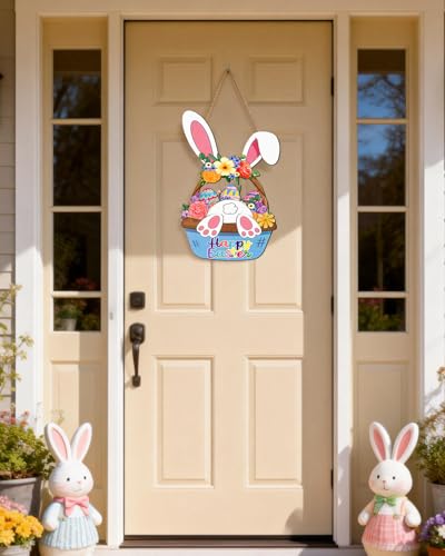 Wooden Easter Wreath - Happy Bunny Basket Door Decoration