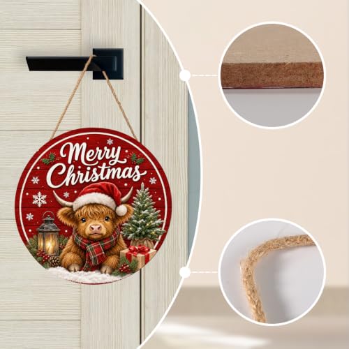 Winter Highland Cow Christmas Sign for Front Door 12x12 Inch Wooden Holiday Decor - Round, Outdoor Indoor Wall Hanging - Variation: Cow, 12"x12"