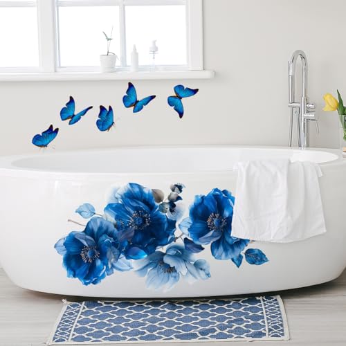 Blue Peony Flower Wall Decals with Butterflies - Removable Vinyl Stickers