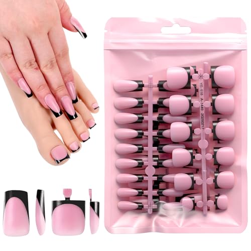 Styquenzer Black French Tip Press on Nails 60 PCS Short Square False Nail Kit