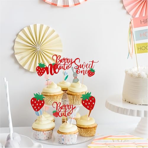 Glitter Strawberry 1st Birthday Cupcake Toppers - 12 Pcs Sweet One Party Supplies