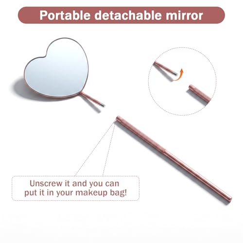 Lash Mirror for Eyelash Extensions - 2Pcs Stainless Steel Heart Handheld Detachable Rose Gold