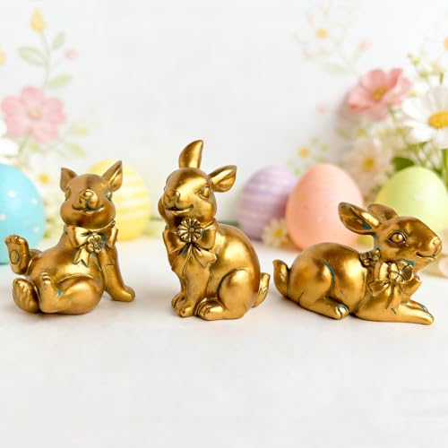 Hand-Painted Gold Easter Bunny Statues - Set of 3 Resin Decor
