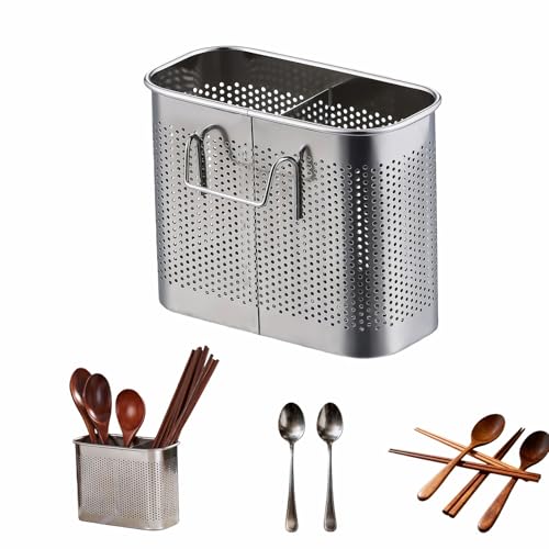 304 Stainless Steel Utensil Holder, 2-Compartment Kitchen Drainer Rack