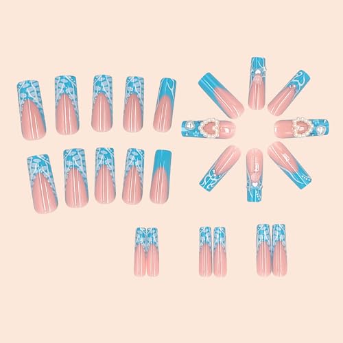 Long Blue French Press On Nails with Heart and Pearl Rhinestones