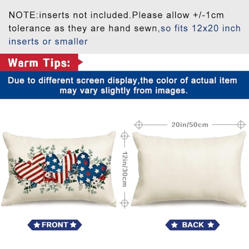 4th of July Pillow Cover 12x20 Inch | Patriotic Hearts Decor
