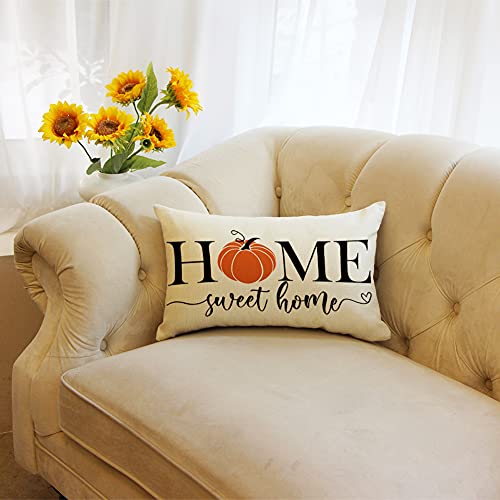 Home Sweet Home Pumpkin Lumbar Throw Pillow Cover, 12x20 Farmhouse Decor