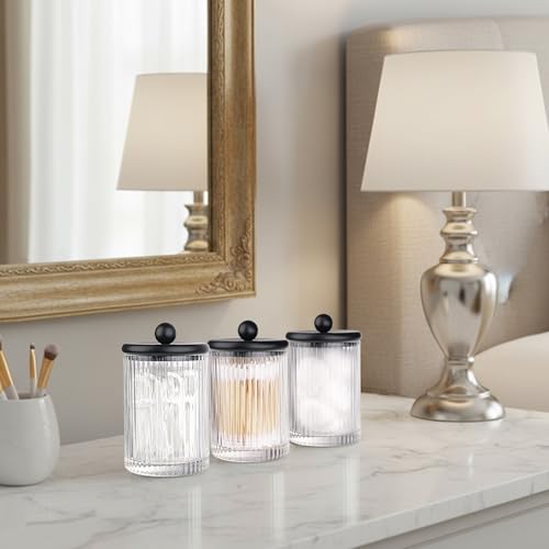 SheeChung 8.5oz Ribbed Glass Qtip Holder with Black Lid - Bathroom Jar