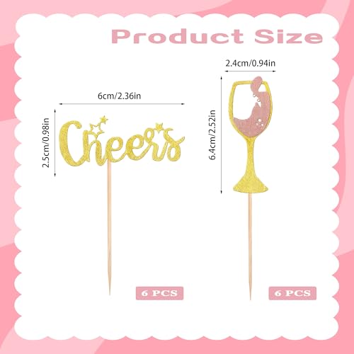 12 Pcs Rose Gold Glitter Cheers Cupcake Toppers Set