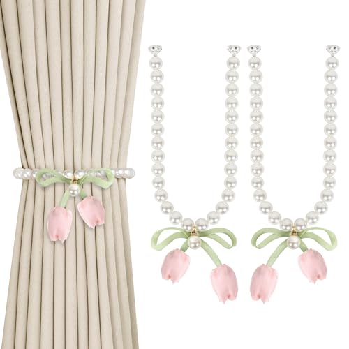 Magnetic Curtain Tiebacks - 2 Pack Pearl Drape Holdbacks in Pink