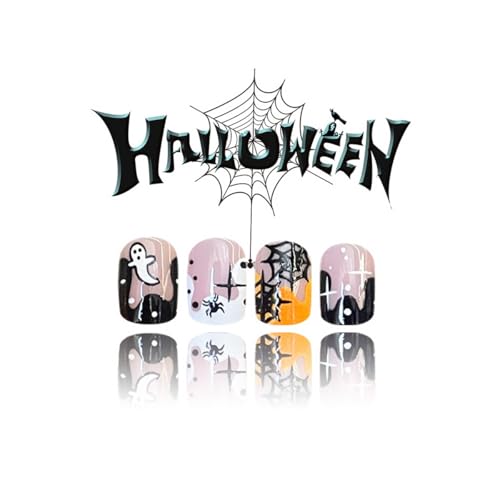 Halloween Press on Nails Short Square French Tip Fake Nails Ghost Spider Web