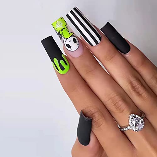 BYETOCE Long Coffin Press On Nails Halloween Black White Stripe Cute Ghost