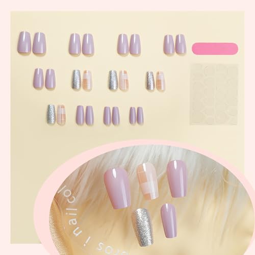 RIICFDD Coffin Press on Nails Medium Plaid White Glitter Fake Nails 24 Pcs
