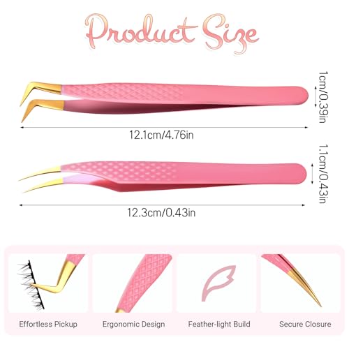 TIESOME Pink Eyelash Extension Tweezers Set - 2 PCS Stainless Steel Curved Precision Lash Application Tools