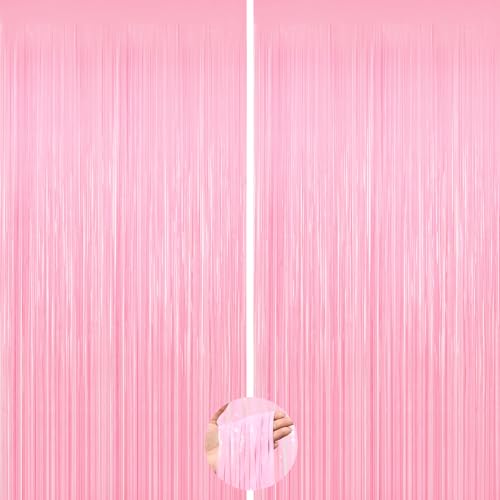 2 Pack Pastel Pink Foil Fringe Curtains - Macaron Pink Party Backdrop