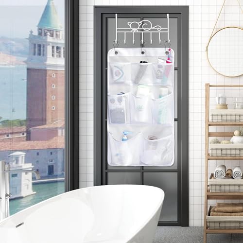 KIMBORA 8-Pocket Mesh Hanging Shower Caddy - White Bathroom Organizer