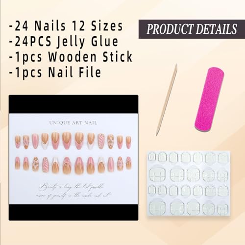 French Tip Press on Nails Medium Almond Fake Nails with 3D Floral