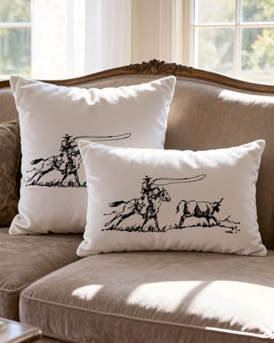 Western Cowboy Roping Bull Lumbar Pillow Cover 12x20 - Rustic Ranch Decor