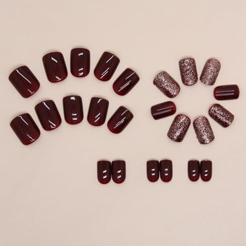 Short Square Wine Red Press on Nails Acrylic Fake Nails Set