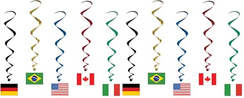 International Flag Hanging Spirals - Pack of 10 (38" Long) - Colorful Party Decor
