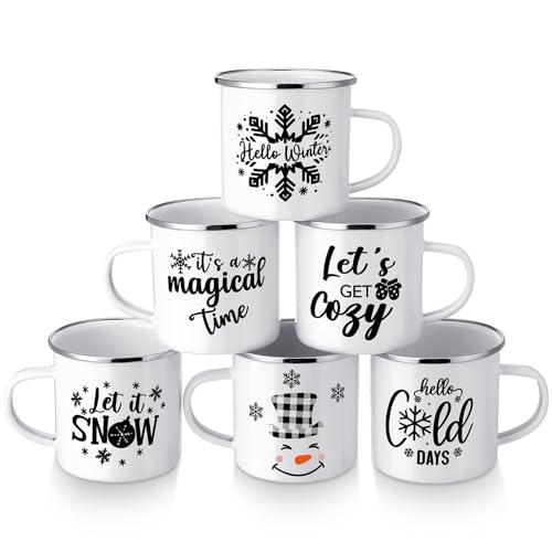 6 Pack Christmas Winter Enamel Coffee Mugs Set with Snowflake & Snowman Designs