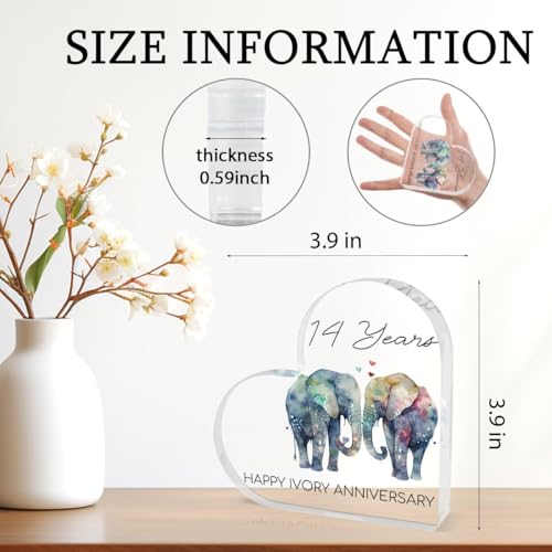 14th Wedding Anniversary Heart Acrylic Plaque - Elephant Keepsake Gift