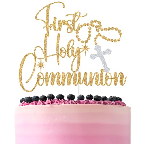 Gold Glitter First Holy Communion Cake Topper - Rosary Cross Design