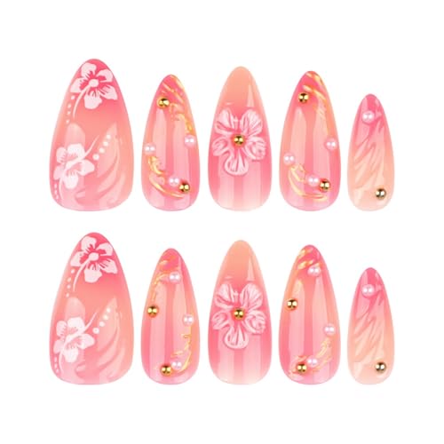 Floral Press on Nails Medium Almond Fake Nails with Pearl Designs Glossy