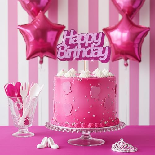 Hot Pink Glitter Happy Birthday Cake Topper - Sparkly Party Decor