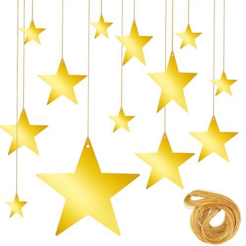 24Pcs Gold Hanging Star Decorations - Glitter Cardboard Cutouts with String