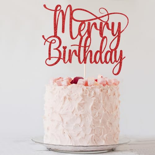 Red Glitter Merry Birthday Cake Topper for Christmas Parties