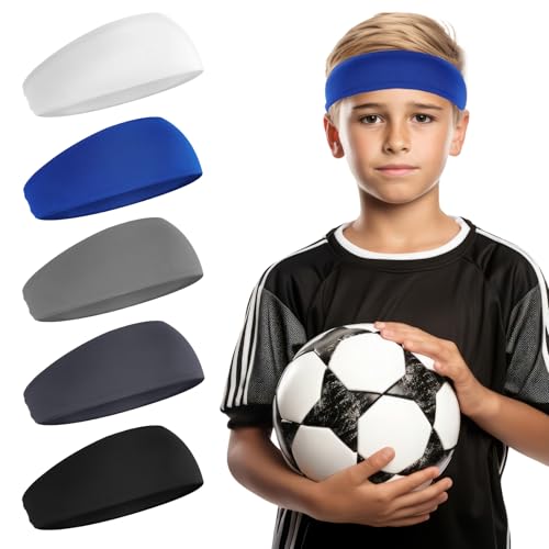 5 Pcs Sports Headbands, Elastic Soccer Headbands Boys Sports Sweatbands Breathable Sweat Wicking Headband for Football Running Basketball Tennis