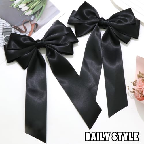 Black Satin Hair Bow Clips 2PCS Oversize Long Tail French Barrette