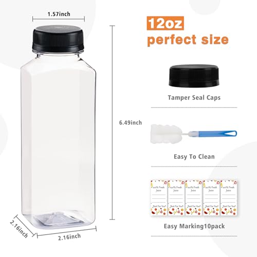 12oz Reusable Plastic Juice Bottles with Caps - Food Grade, Leak-Proof, 10 Pack