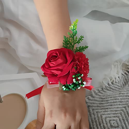 Red Corsage and Boutonniere Set for Weddings - 2 Pack