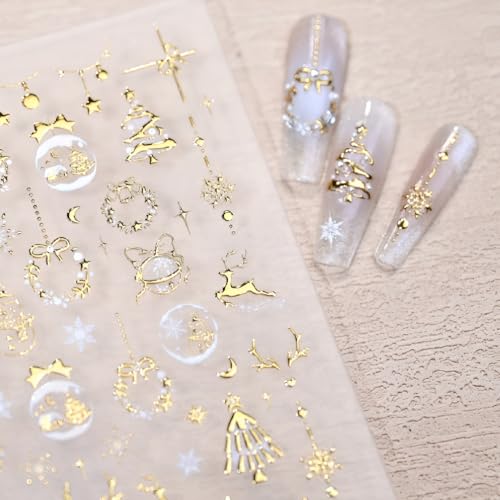 Namrec 5D Embossed Gold Christmas Nail Stickers Xmas Tree Snowflake Decals