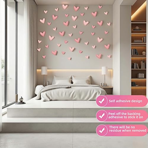 60 Pcs Pink Heart Wall Decals - Repositionable PVC Stickers for Girls' Rooms