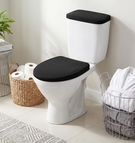 Black Velvet Toilet Seat & Tank Cover Set - Elastic Fit, Washable Bathroom Decor