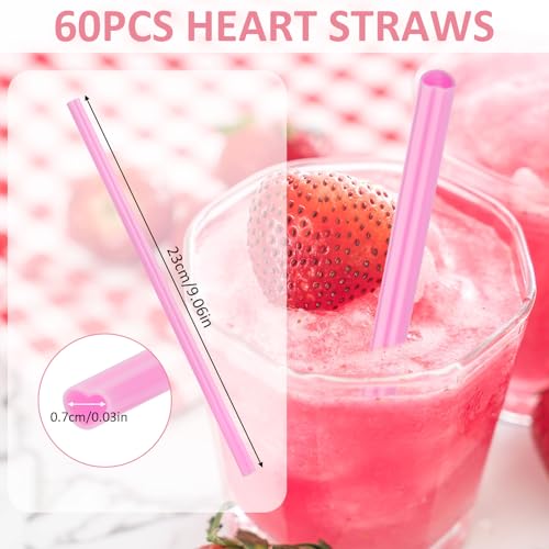 60 PCS Heart Shaped Straws - Dark Pink Disposable Party Straws