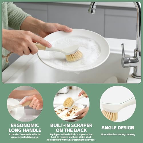 ÖkoStamm 4-Piece Bamboo Kitchen Dish Scrub Brush Set with Built-in Scraper