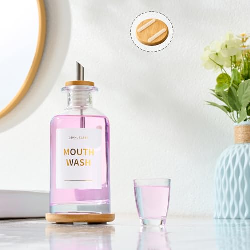 MUVEKA Clear Glass Mouthwash Dispenser Set with Bamboo Holder - 11.8oz