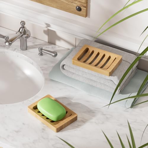 Natural Bamboo Soap Dish Holder 2 Pack - Self-Draining Wood Bathroom & Kitchen Tray